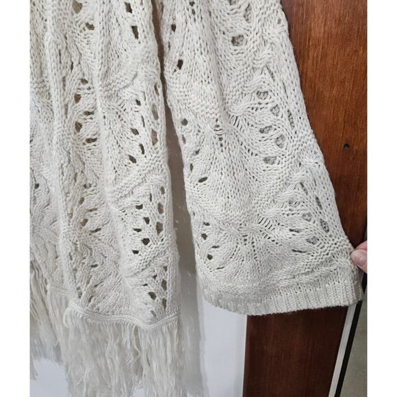 Boho Open Front Crochet Knit Fringe Cardigan Sweater Cream Sz Small Long Sleeve - Picture 3 of 8